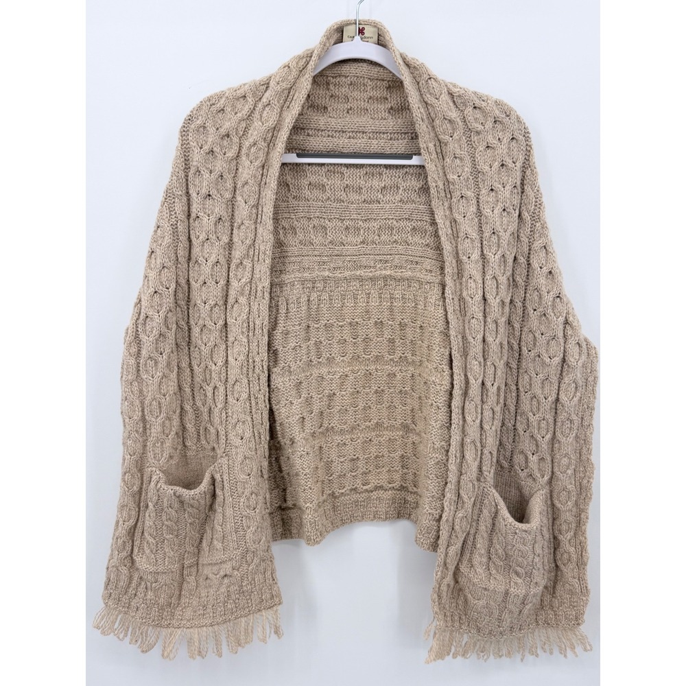 Carraig Donn Sweater Women One Size Tan Cape Aran Merino Wool Open Cardigan